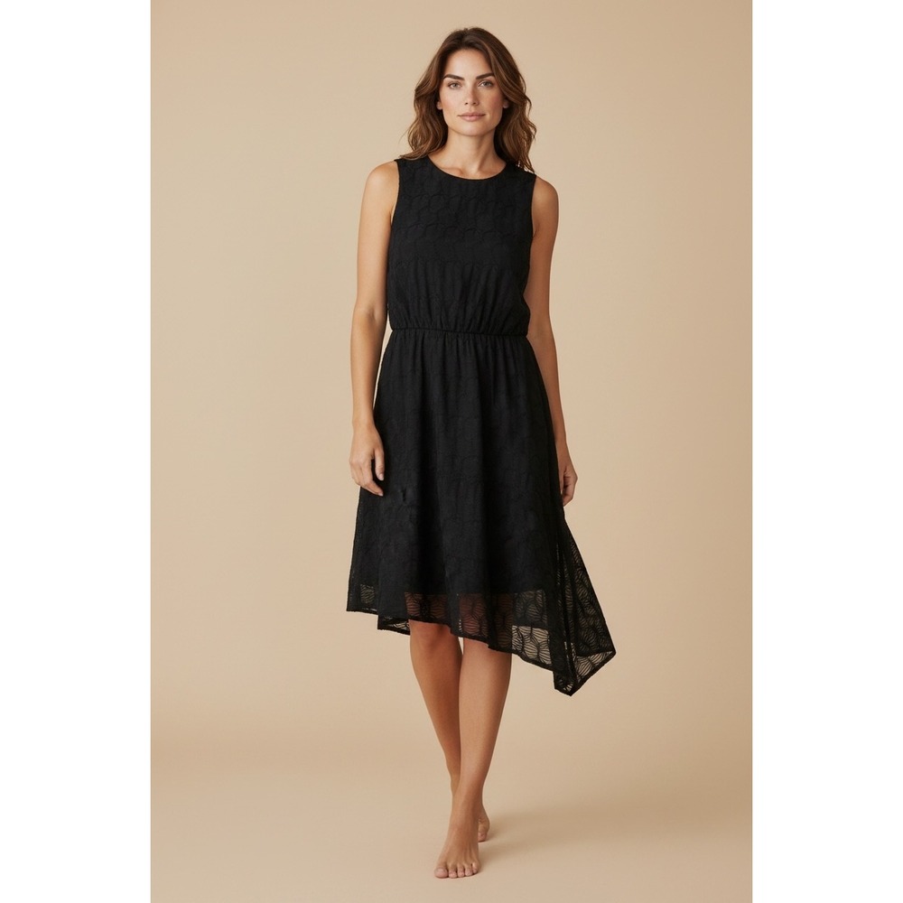 BCBG NY Dress Sz M Black Asymmetrical Handkerchief Textured, Cocktail, Elegant